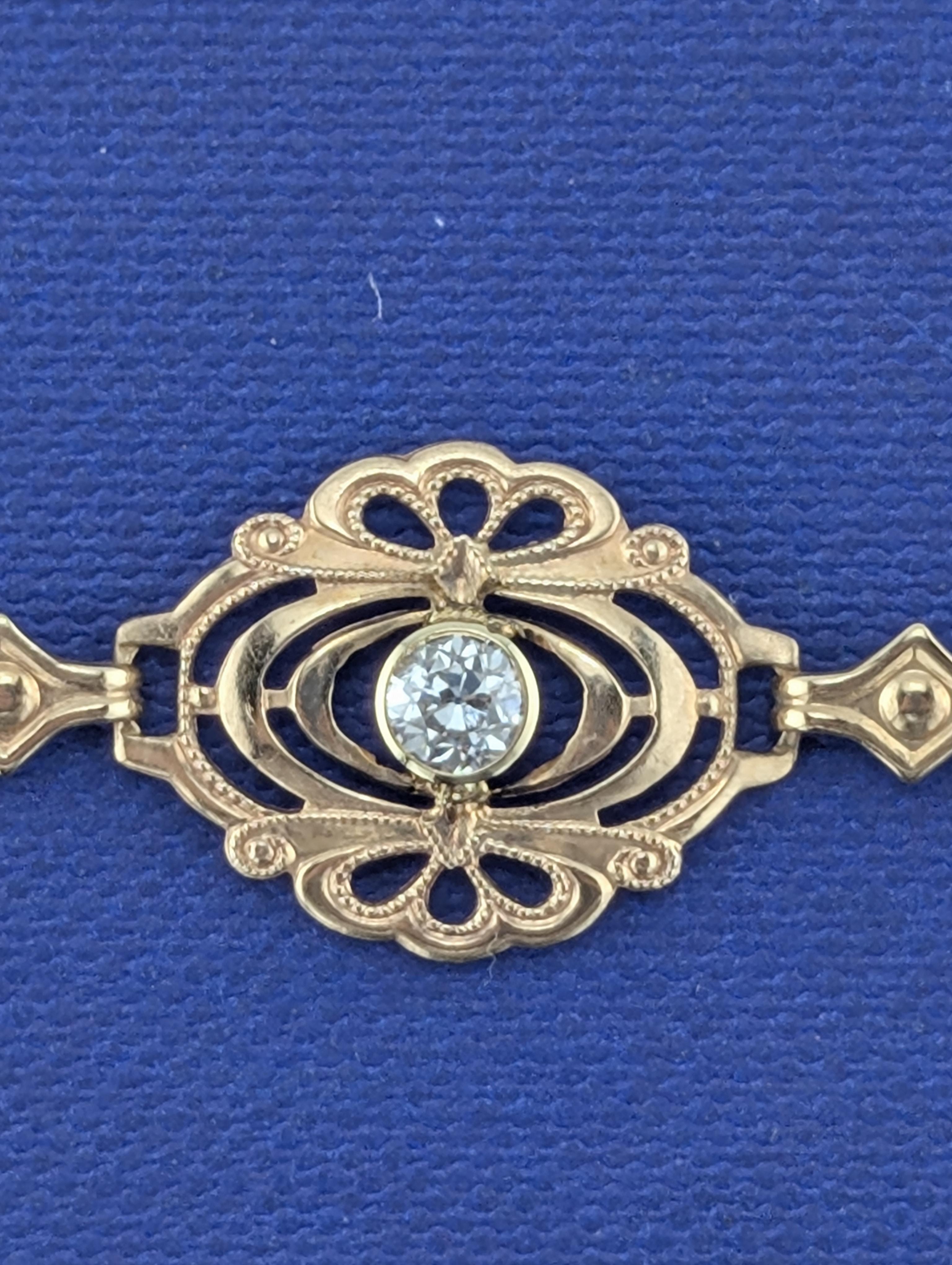 14kt Yellow Gold Filigree Bracelet with .25ct Old European Cut Diamond - 6.2g