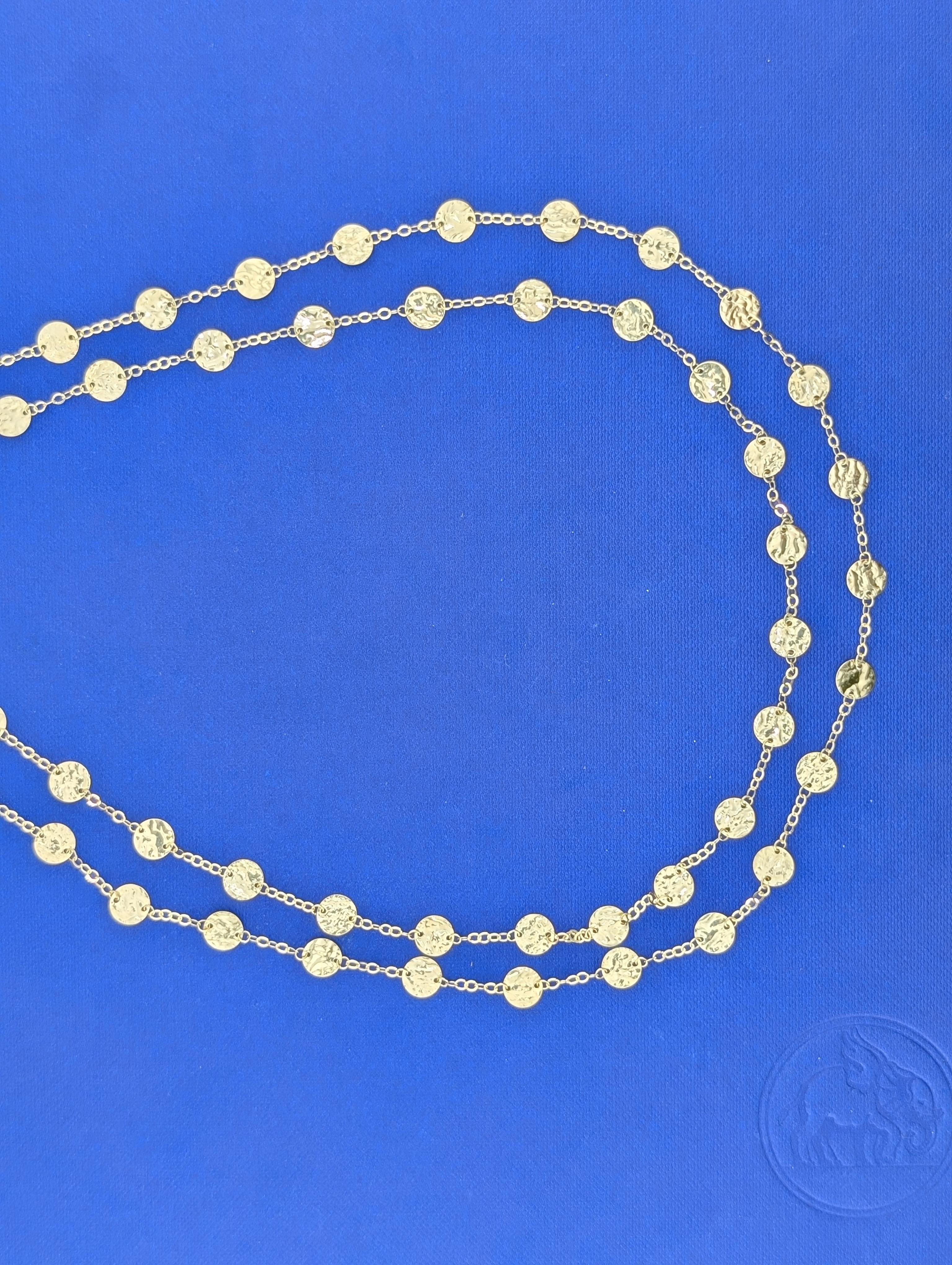 14kt Yellow Gold 35" Hammered Disk Station Necklace -6.9g