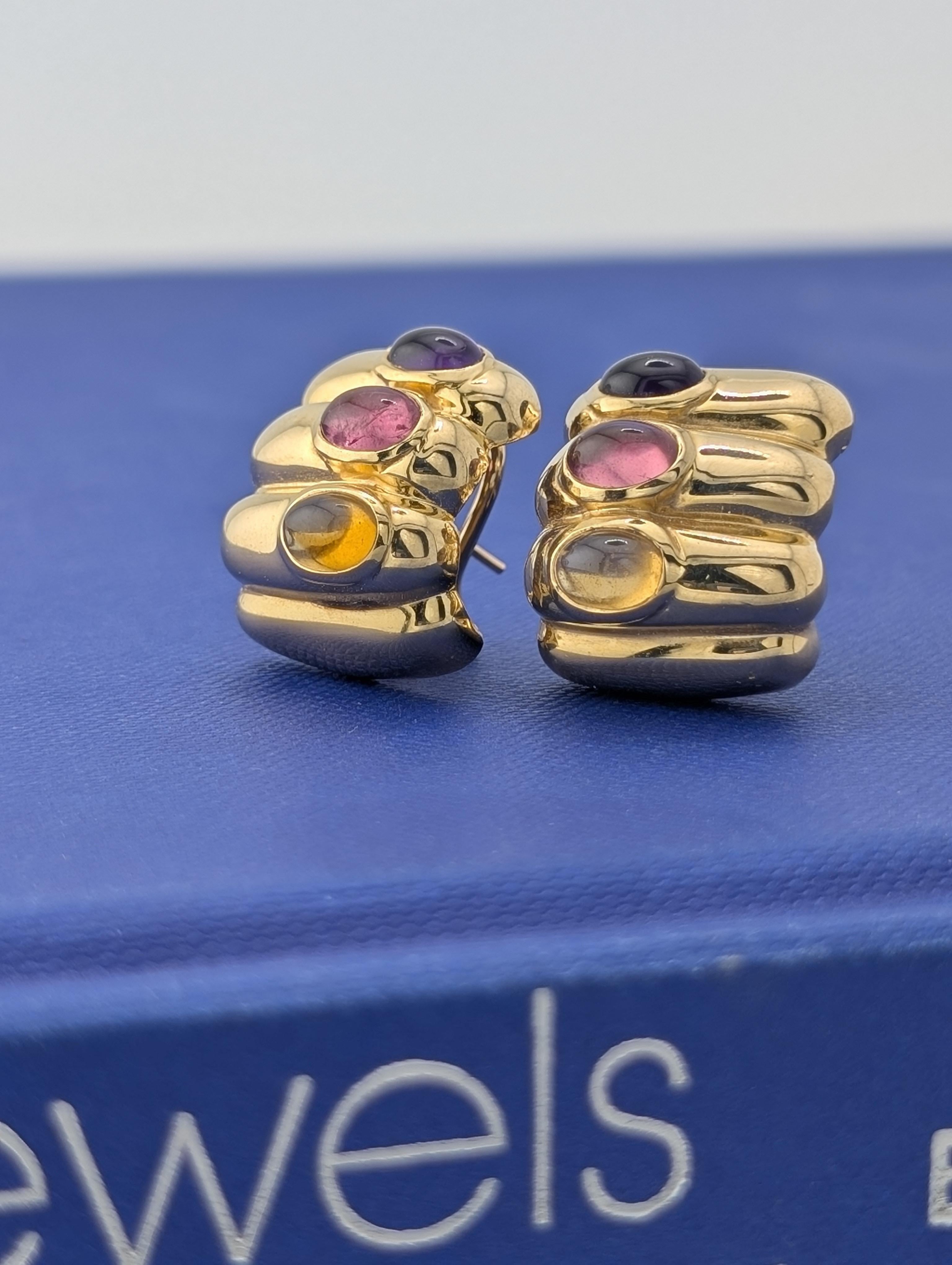 14kt YG RAAFTY Ribbed Amethyst, Citrine, and Tourmaline Earrings - 15.5g