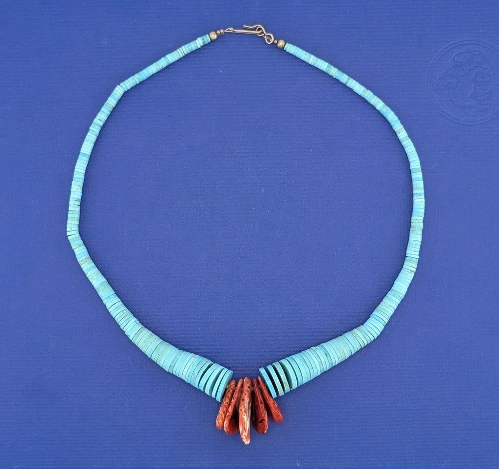 18.5in Turquoise & Spiney Oyster Corn Tab Necklace - 36.1g