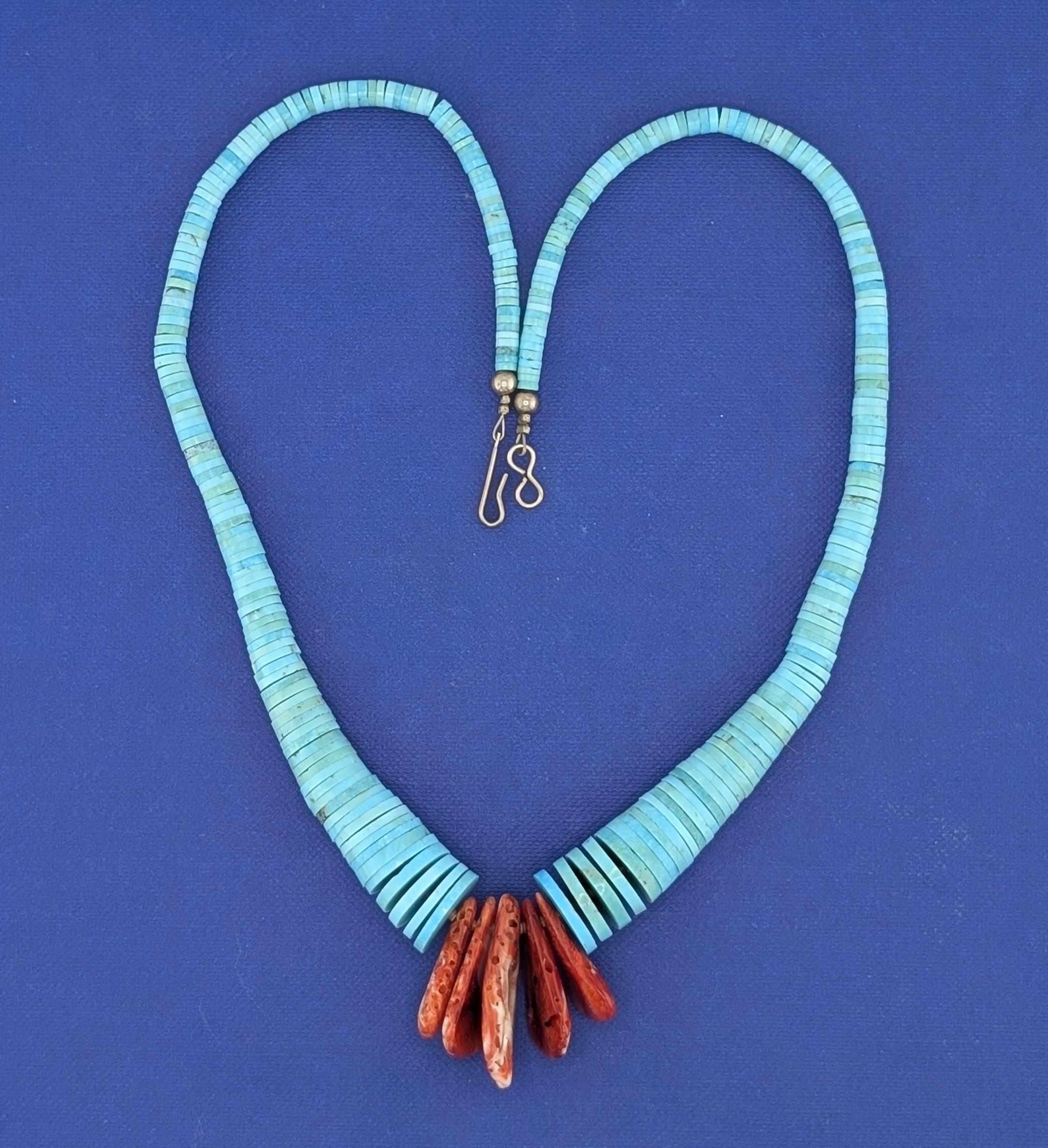 18.5in Turquoise & Spiney Oyster Corn Tab Necklace - 36.1g