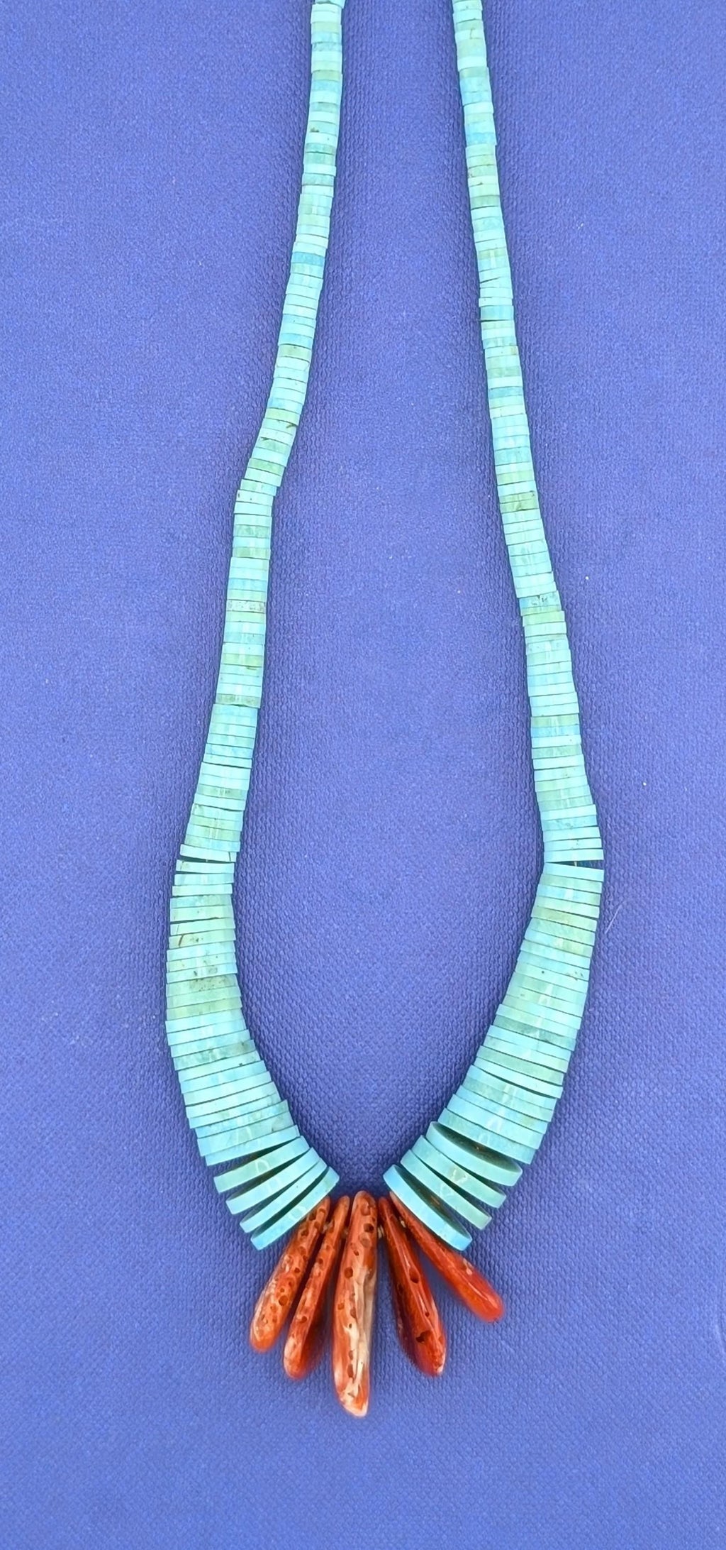 18.5in Turquoise & Spiney Oyster Corn Tab Necklace - 36.1g