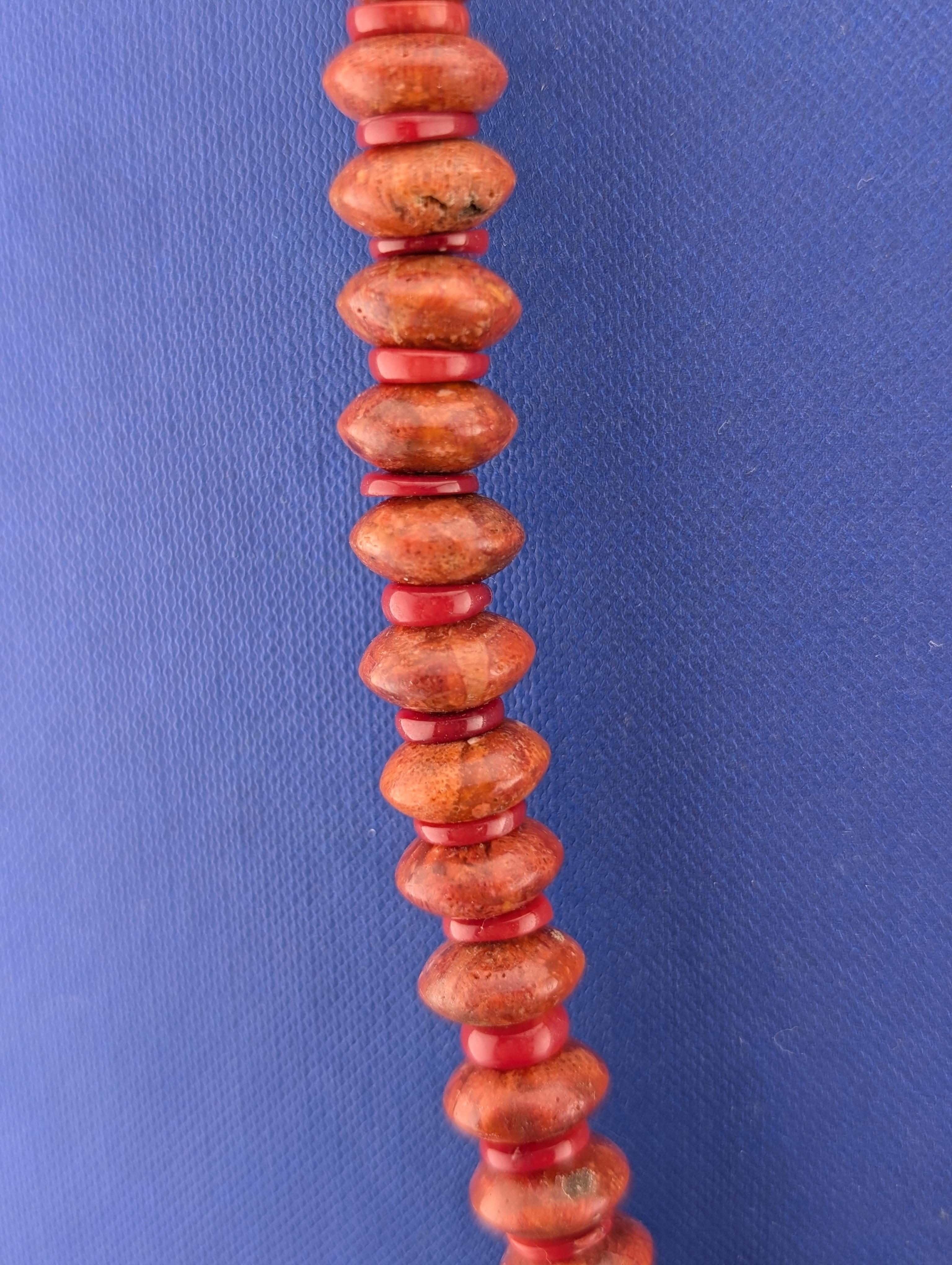 27.5 in Sponge Coral, Turquoise, and Shell Necklace - 75.1g