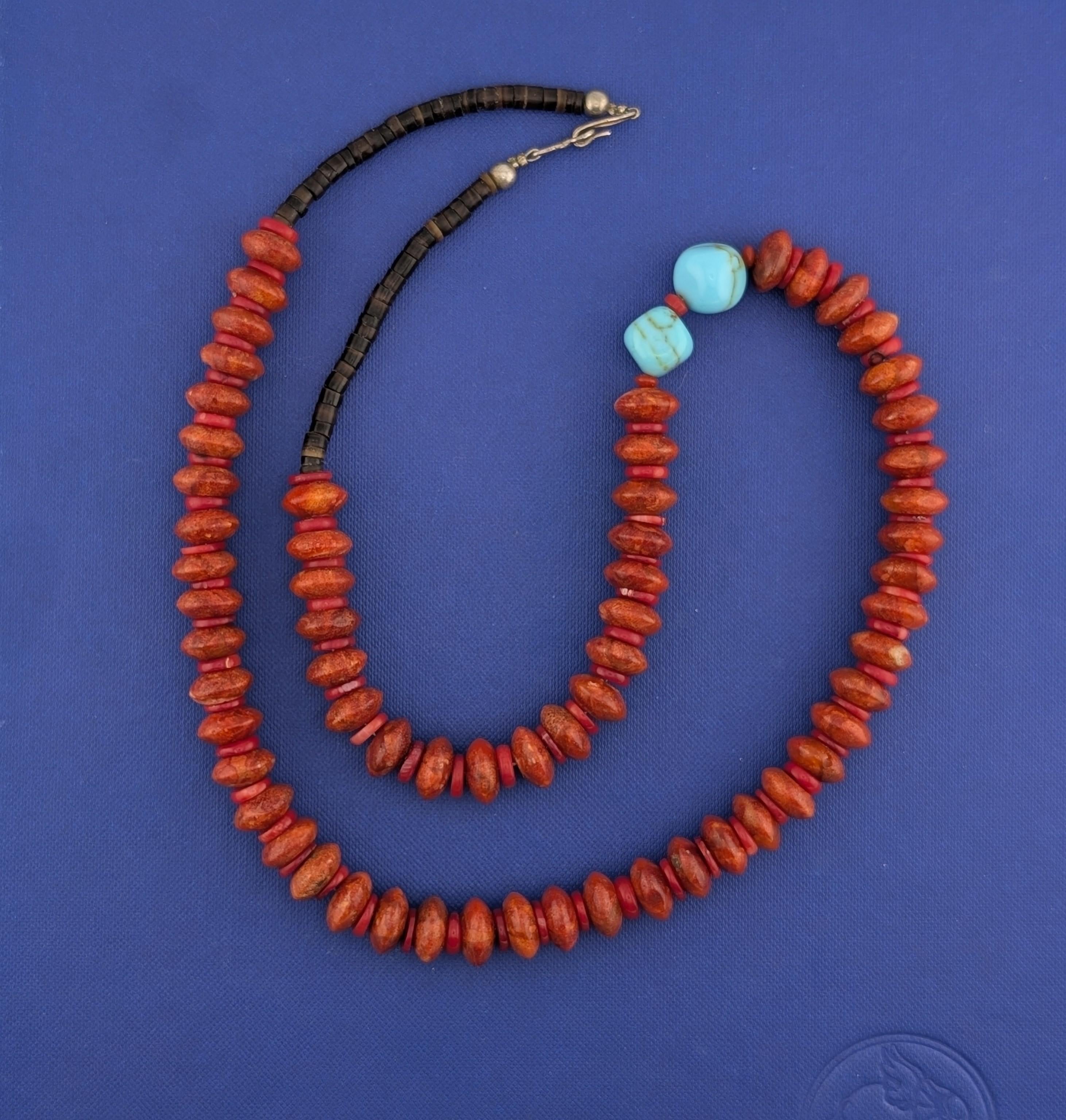 27.5 in Sponge Coral, Turquoise, and Shell Necklace - 75.1g