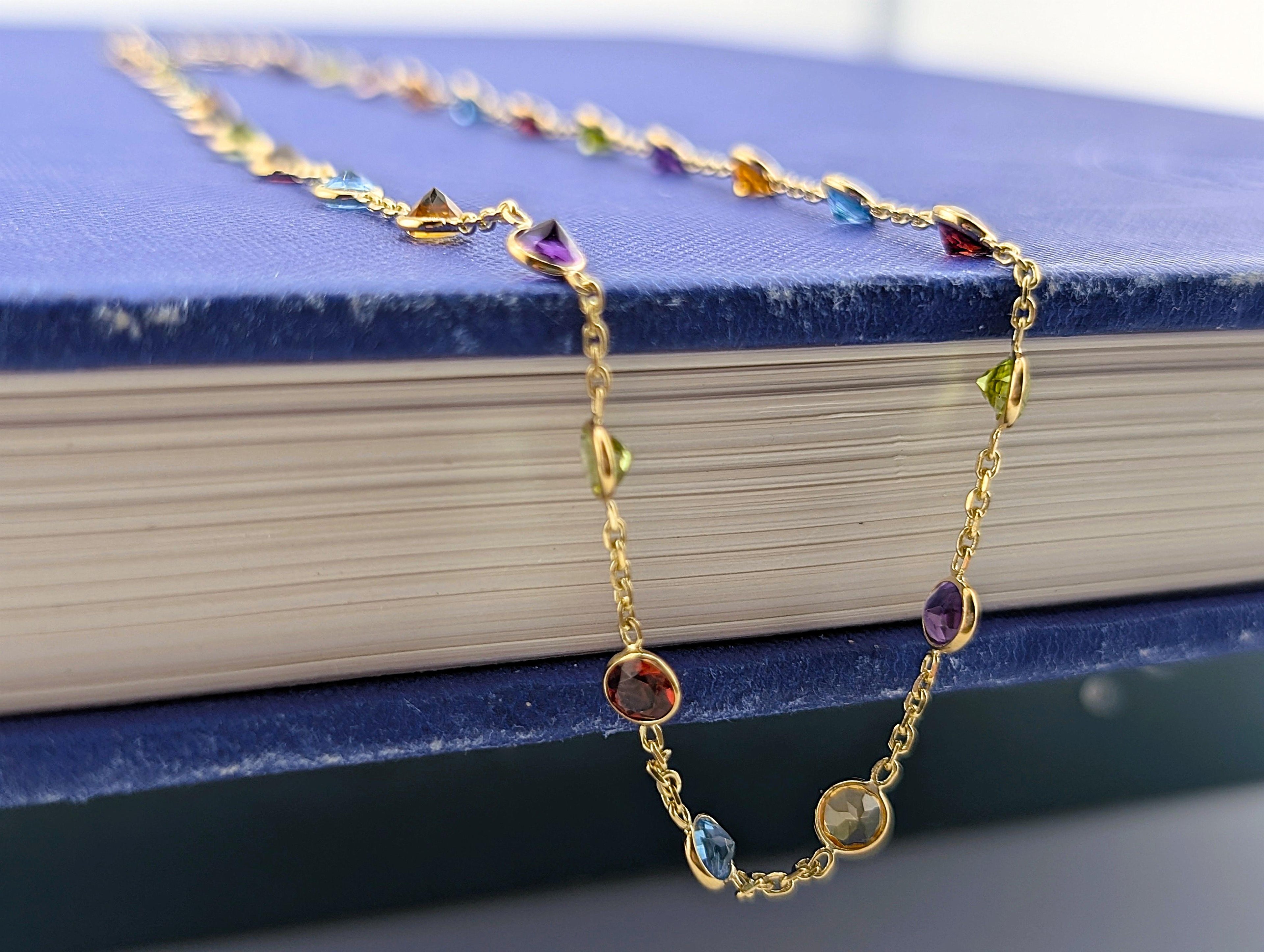 14kt Semi Precious Bezel Station Necklace - 4g