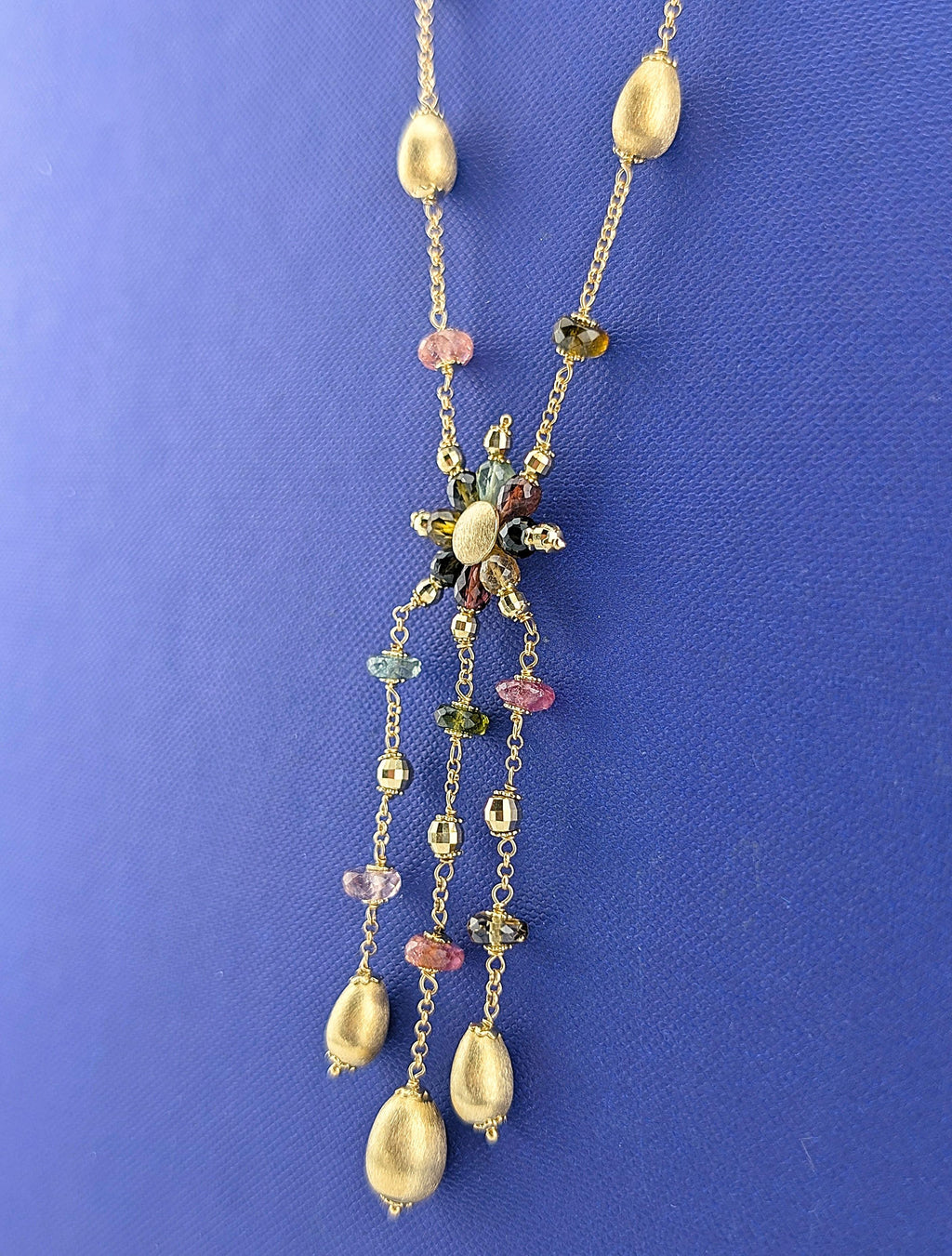 14ky Yellow Gold Tourmaline and Citrine Lariat Fringe Necklace - 15.5g