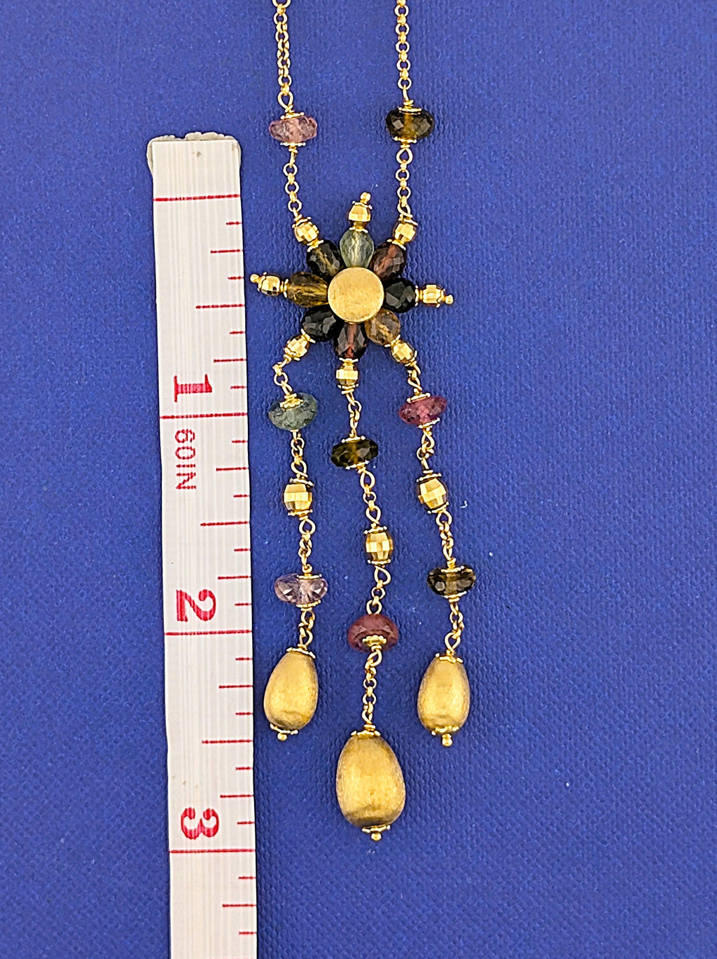 14ky Yellow Gold Tourmaline and Citrine Lariat Fringe Necklace - 15.5g