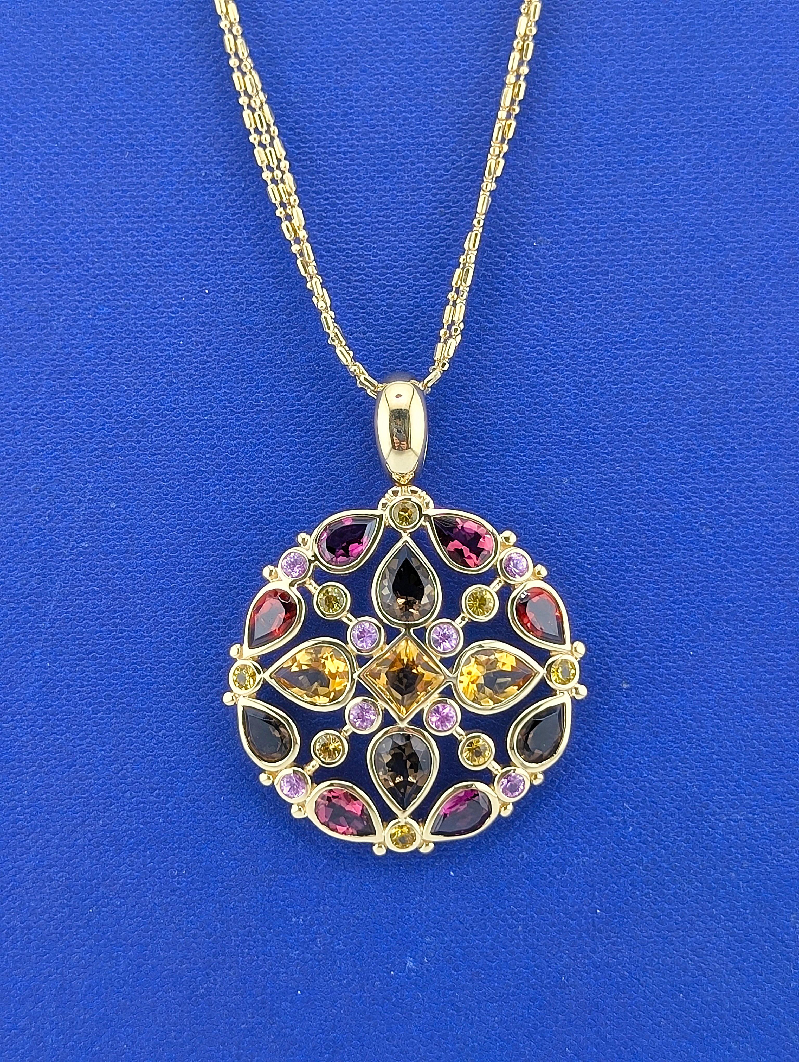 14kt Yellow Gold Citrine,Tourmaline, Sapphire, Garnet Medallion Necklace -13.4 g