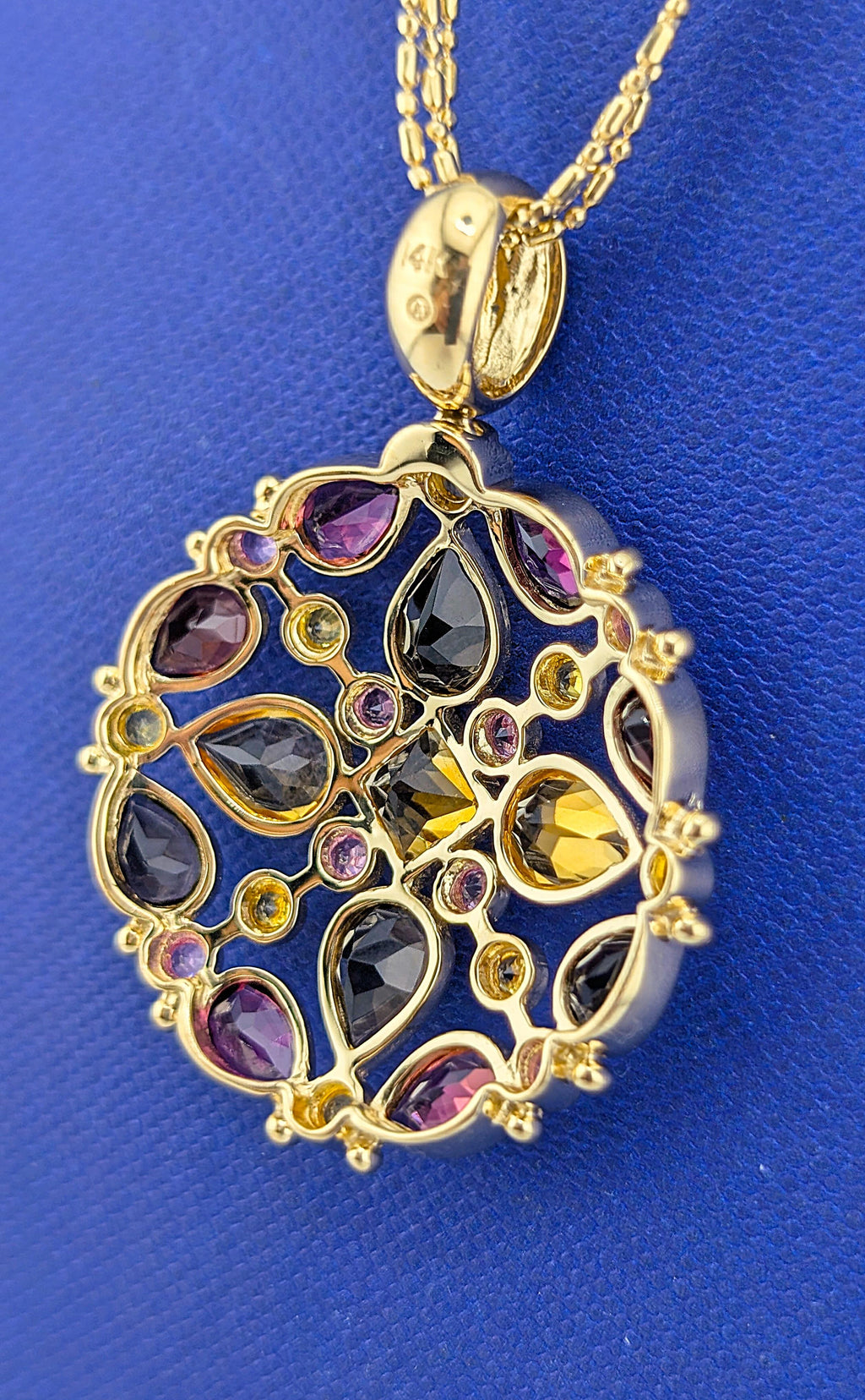 14kt Yellow Gold Citrine,Tourmaline, Sapphire, Garnet Medallion Necklace -13.4 g