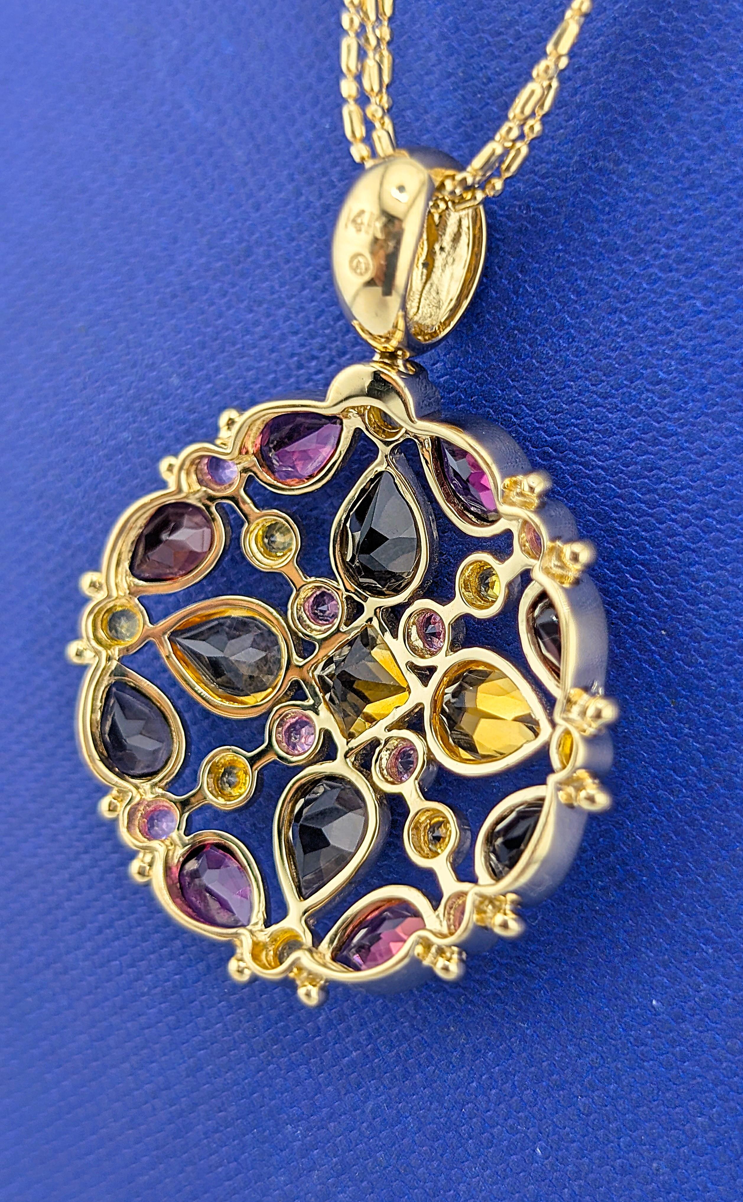14kt Yellow Gold Citrine,Tourmaline, Sapphire, Garnet Medallion Necklace -13.4 g