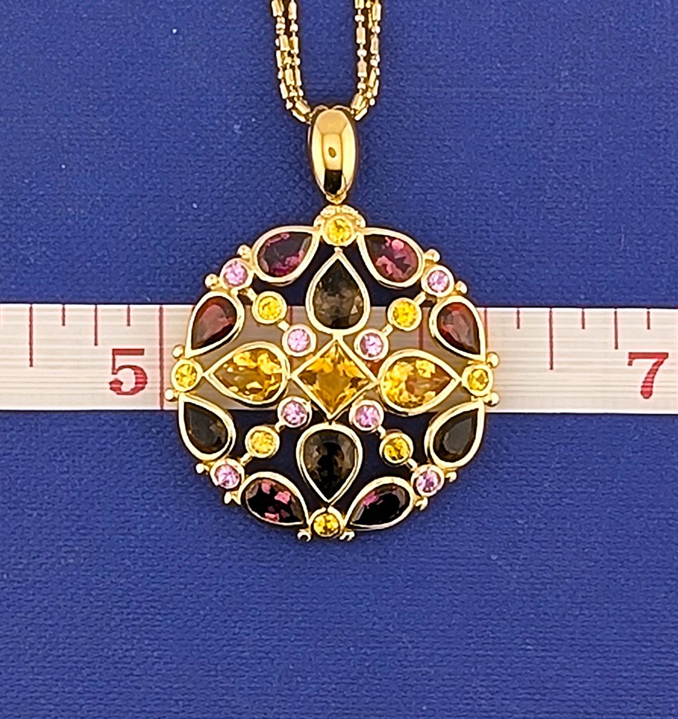 14kt Yellow Gold Citrine,Tourmaline, Sapphire, Garnet Medallion Necklace -13.4 g