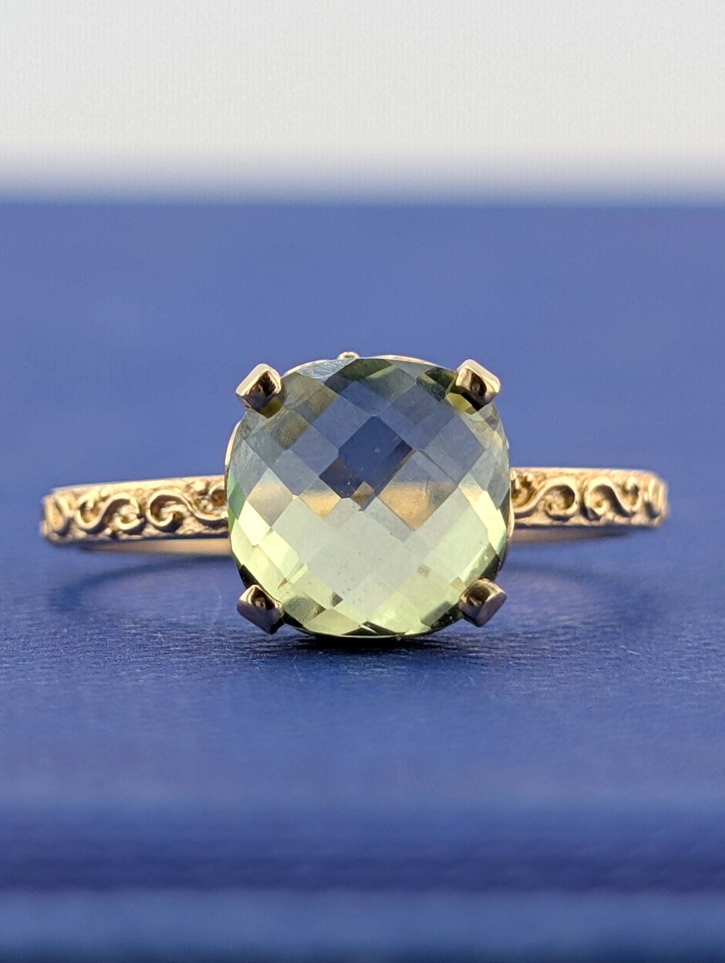 14ky Green Quartz/Prasiolite Filigree ring